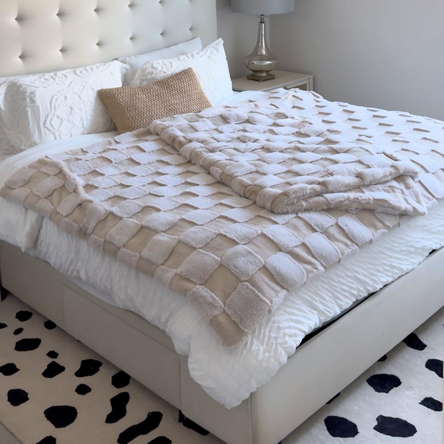 Mushroom Checkers minky blanket Throw and XL size comparison on king bed Wrapped in Love Pocket Love Movement